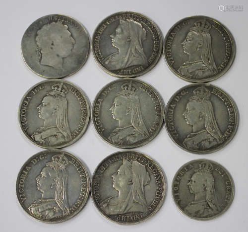 A small group of British silver coins, comprising a George III crown, five Victoria Jubilee Head