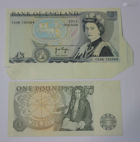 Two Bank of England error banknotes, comprising a five pounds note J.B. Page, folded and mis-cut,