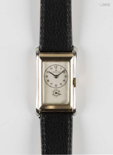 A Rolex 9ct yellow and white gold rectangular curved cased gentleman's wristwatch, the signed