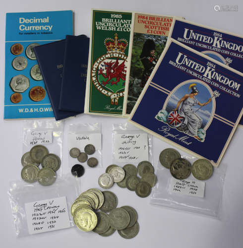 A group of British pre-decimal pre-1947 coinage, comprising fourteen George V half-crowns, three