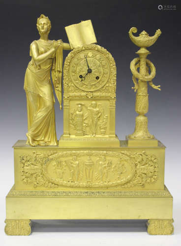 A French Empire ormolu cased mantel clock, the eight day movement with silk suspension, striking