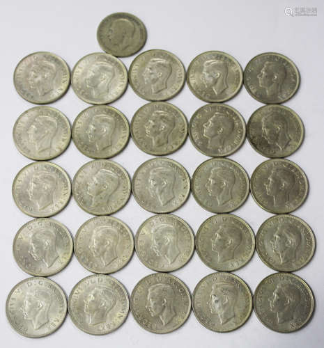 Twenty-five George VI pre-1947 half-crowns, mostly 1944, 1945 and 1946, four pre-1947 florins,