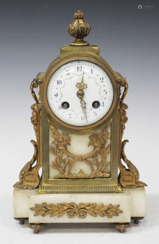 A late 19th/early 20th century French ormolu and white marble mantel clock with eight day movement