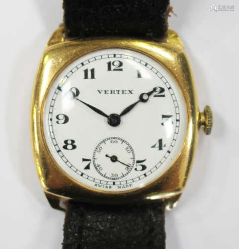 A Vertex 18ct gold cushion cased gentleman's wristwatch with signed jewelled movement, the signed