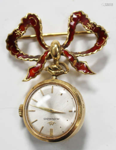 A Movado 18ct gold and red enamelled pendant watch with signed jewelled movement, the signed