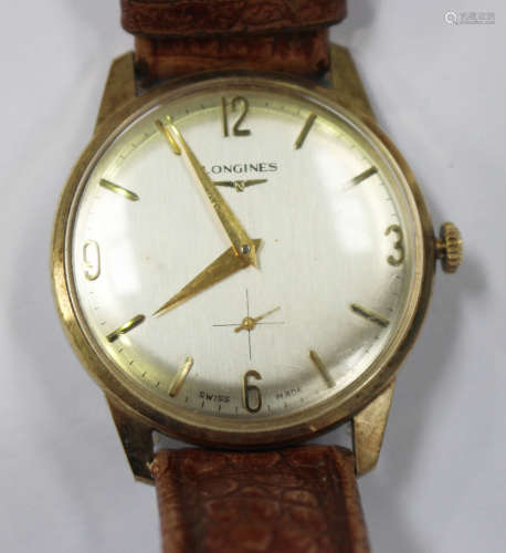 A Longines 9ct gold circular cased gentleman's wristwatch, circa 1962, with signed jewelled lever