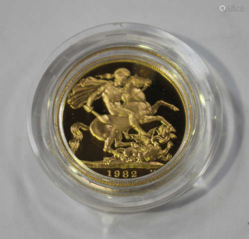 An Elizabeth II proof sovereign 1982, with a Royal Mint case.Buyer’s Premium 29.4% (including