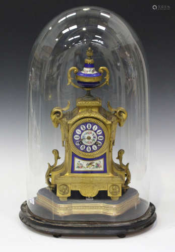 A late 19th century French gilt spelter and porcelain mantel clock with eight day movement
