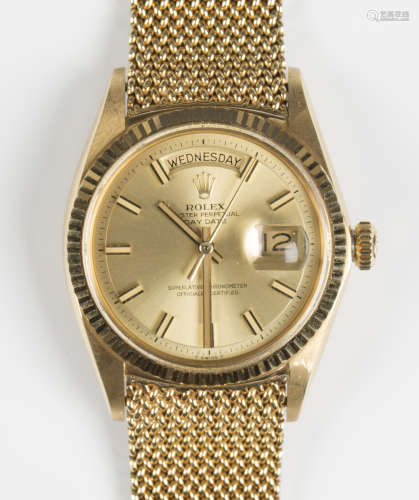 A Rolex Oyster Perpetual Day-Date 18ct gold cased gentleman's bracelet wristwatch, circa 1970, model