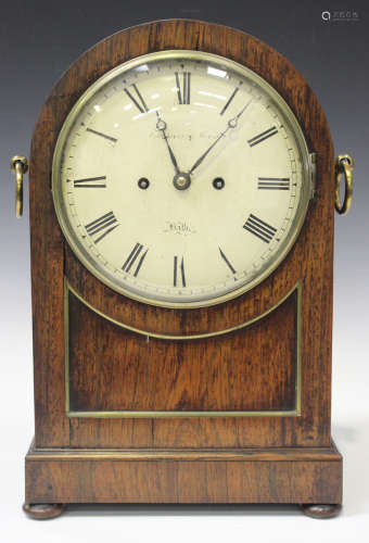 A Regency rosewood cased bracket clock with eight day twin fusee movement striking hours on a