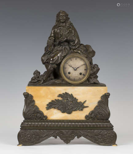 A mid-19th century French bronze and Sienna marble mantel clock, the eight day movement with silk