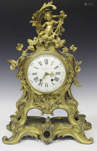 A late 19th century French ormolu bracket clock with eight day movement striking on a gong, the
