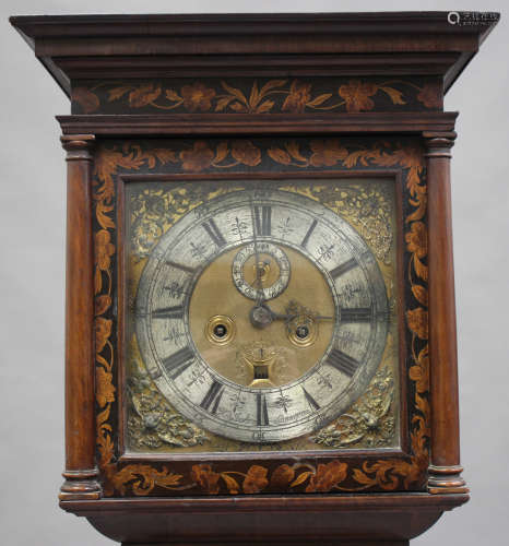 An early 18th century marquetry inlaid walnut longcase clock, circa 1700, the eight day movement