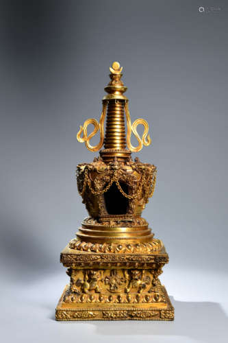 A Chinese Bronze Gilding Pagoda