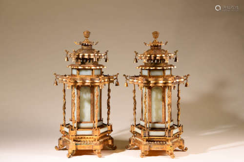 A Pair of Chinese Bronze Gilding Lanterns Inlaid with Jade