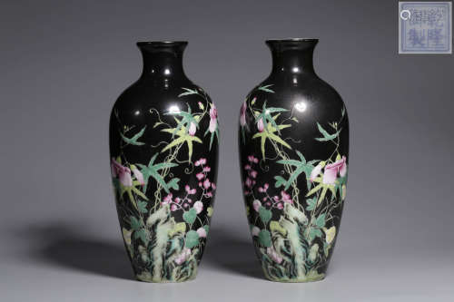 A Pair of Chinese Dark Glazed Enamel Porcelain Plum Vases