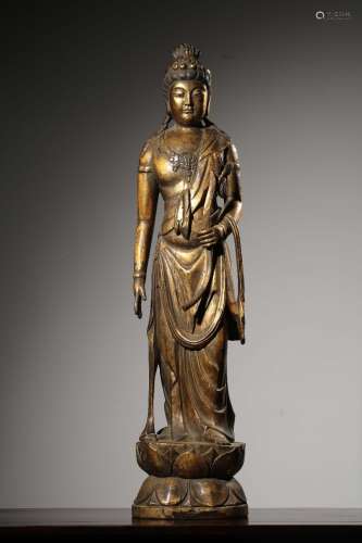 A Chinese Gild Wooden Guanyin Statue
