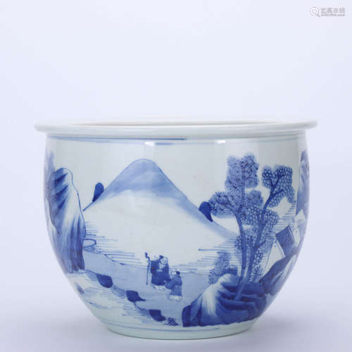 A Chinese Blue and White Landscape Porcelain Vat