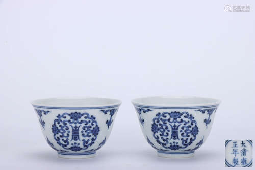 A Pair of Chinese Blue and White Floral Porcelain Cups