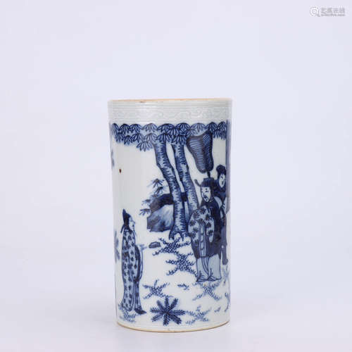 A Chinese Blue and White Figure Painted Porcelain Brush Pot