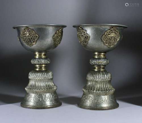 Pair of Tibetan Parcel-Gilt Silver Footed Cups, 20th C./Modern