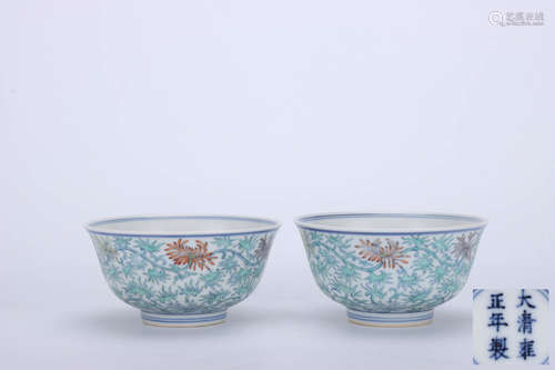 A Pair of Chinese Doucai Floral Porcelain Cups