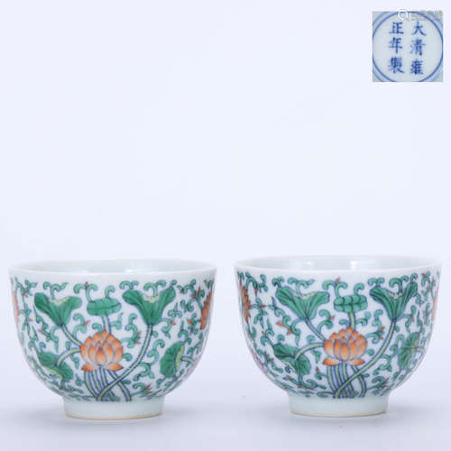 A Pair of Chinese Doucai Floral Porcelain Cups