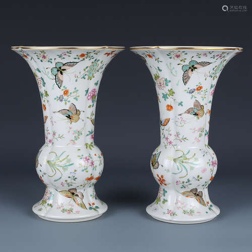 A Pair of Chinese Enamel Gilt Porcelain Beaker Vases