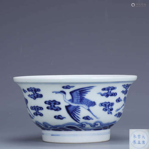 A Chinese Blue and White Crane Painted Porcelain Cup