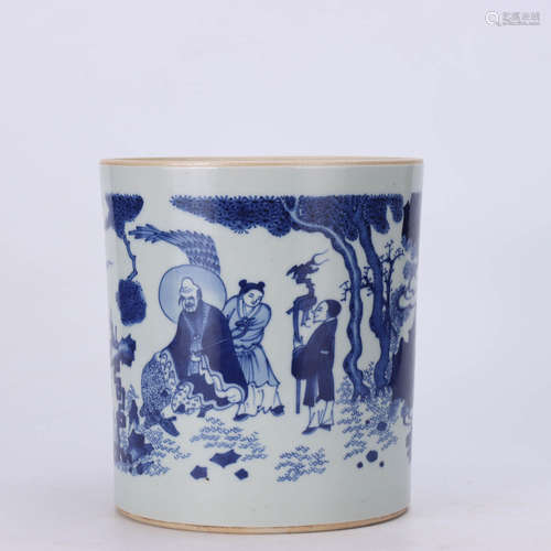 A Chinese Blue and White Figure Painted Porcelain Brush Pot