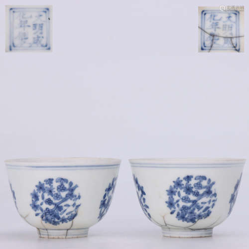 A Pair of Chinese Blue and White Flower&Bird Pattern Porcelain