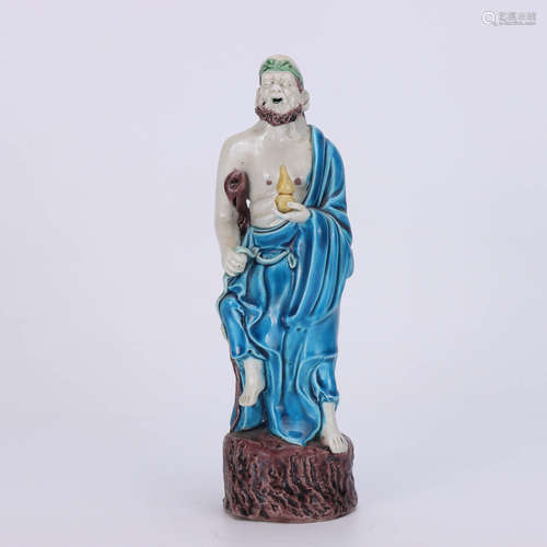 A Chinese Peacock Blue Glazed Porcelain Arhat Ornament