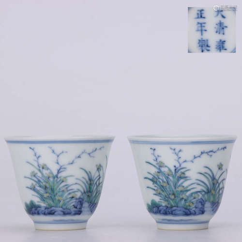 A Pair of Chinese Doucai orchid Painted Porcelain Cups