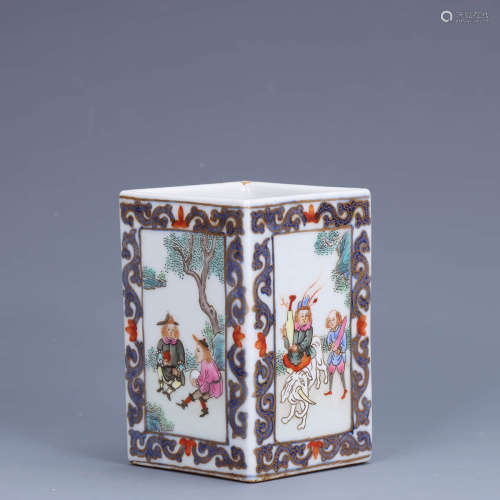 A Chinese Famille Rose Figure Painted Porcelain Square Brush Pot