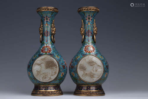 A Pair of Chinese Jade Inlaid Cloisonne Vase