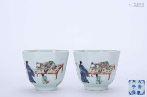 A Pair of Chinese Multi Colored Figure Painted Porcelain Cups