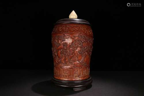 A Chinese Bamboo Carved Jar with Cover