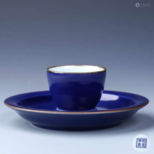 A set of Chinese Altar Blue Glazed Porcelain Tea Cup and Saucer