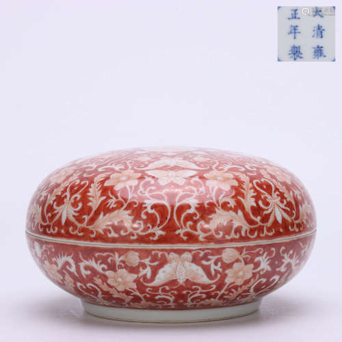 A Chinese Iron Red Floral Porcelain Box with Cover