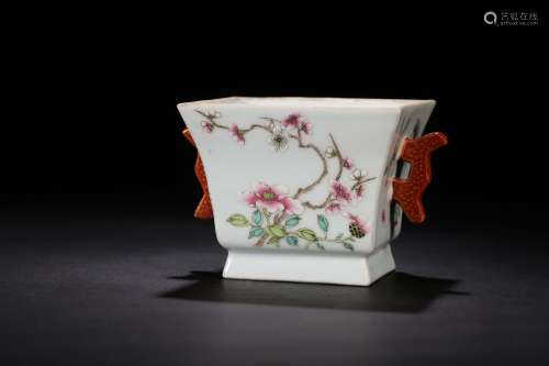 A Chinese Famille Rose Floral Porcelain Square Cup