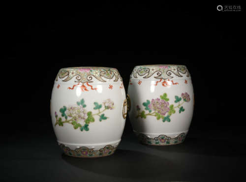 A Pair of Chinese Famille Rose Floral Porcelain Stools