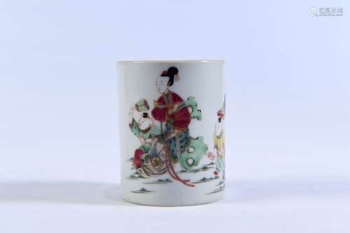 A Chinese Famille Rose Figural Porcelain Brush Pot