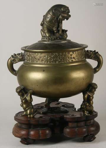 Chinese Tripod Bronze Figural Censer and Cover, 19th Century