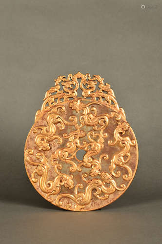 A Chinese Hetian Jade Gild Coin with Dragon Pattern