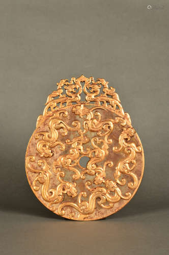 A Chinese Hetian Jade Gild Coin with Dragon Pattern