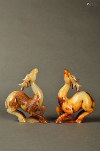 A Pair of Chinese Carved Jade Deer Ornament