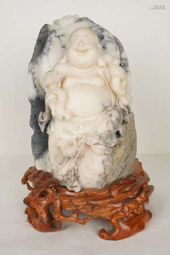 A Chinese White Lingbi Stone Carved Ornament of Maitreya