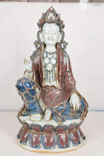 A Chinese Blue and White Underglazed Red Porcelain Statue of Buddha