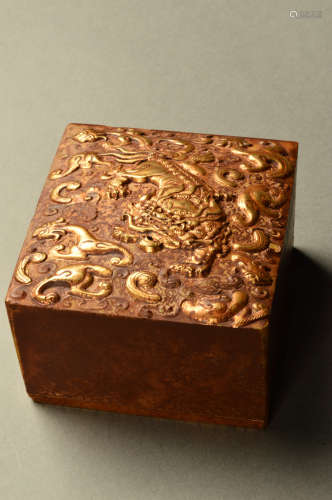 A Chinese Gold-Flekced Jade Seal