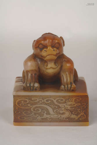 A Chinese Shoushan Stone Lion Handle Seal